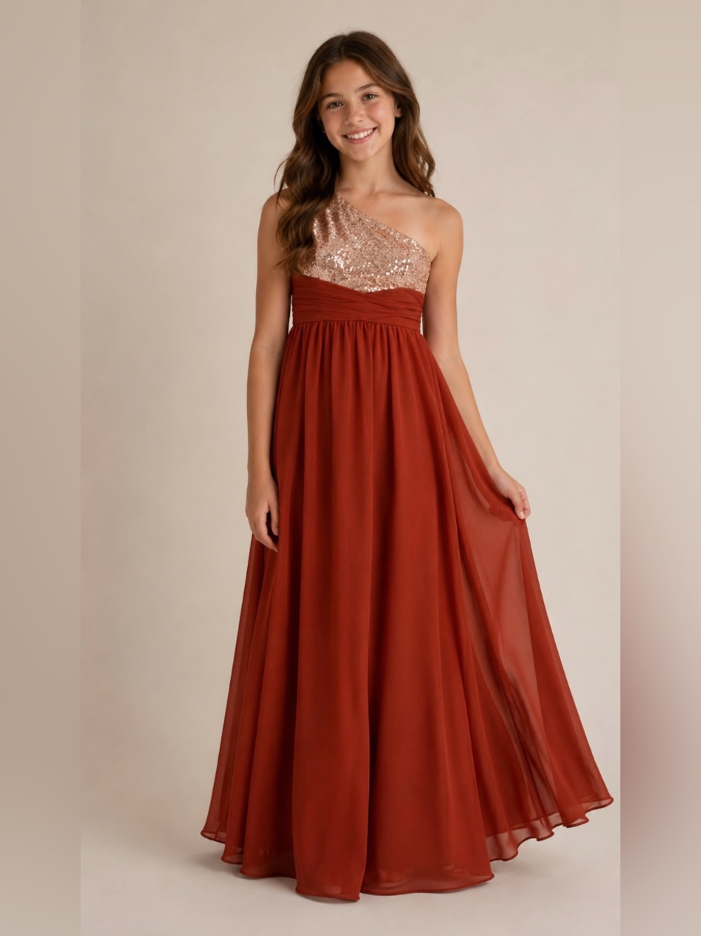 NWT Azazie Rust Sidney Sequin One Shoulder Junior Bridesmaid Wedding Gown J10
